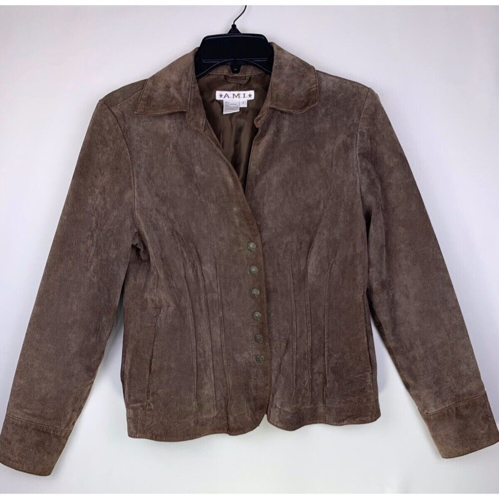 AMI Jacket Woman Small Brown Suede Leather Snap Front Fitted Vintage Y2K